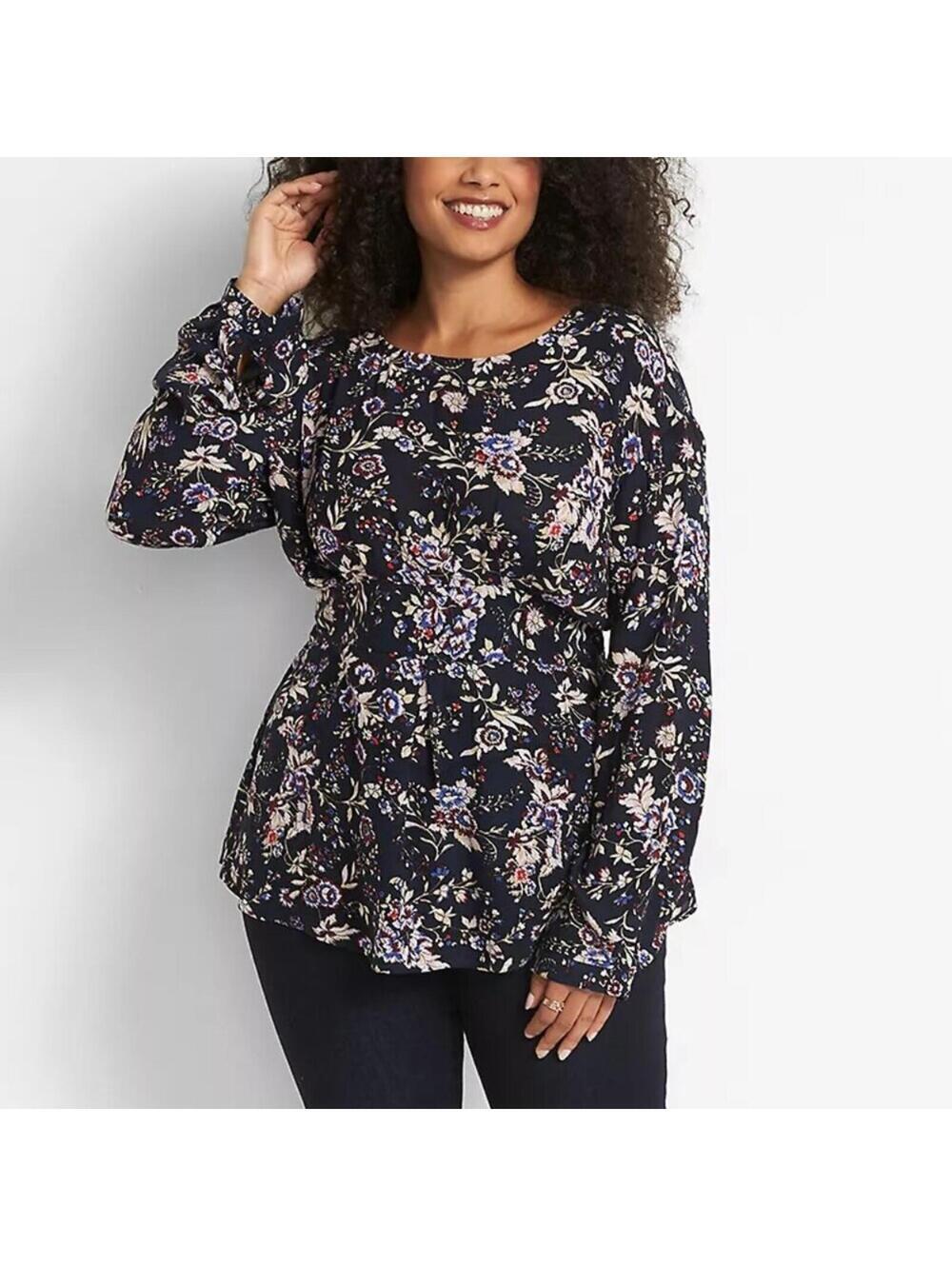 NWT Lane Bryant Navy Floral Peplum Blouse Top 10 / 12 Crew Neck Long Sleeve NEW